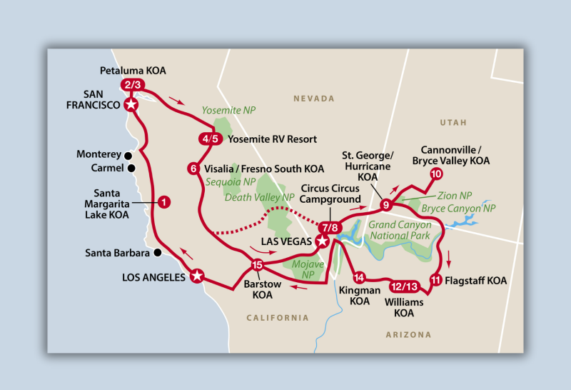 Mapa trasy kamperem po Zachodnim Wybrzeżu USA